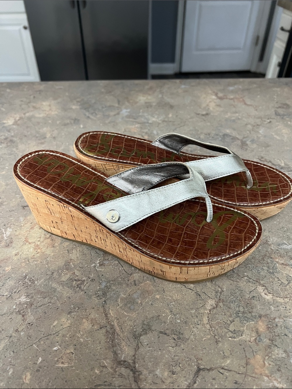 Sam Edelman Silver Metallic Cork Wedge Thong Sandals